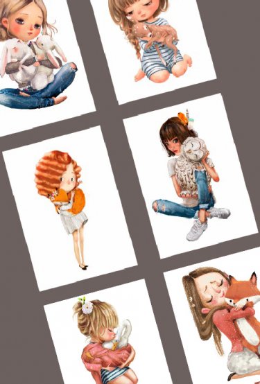Набор открыток Girls with pets 13 штук